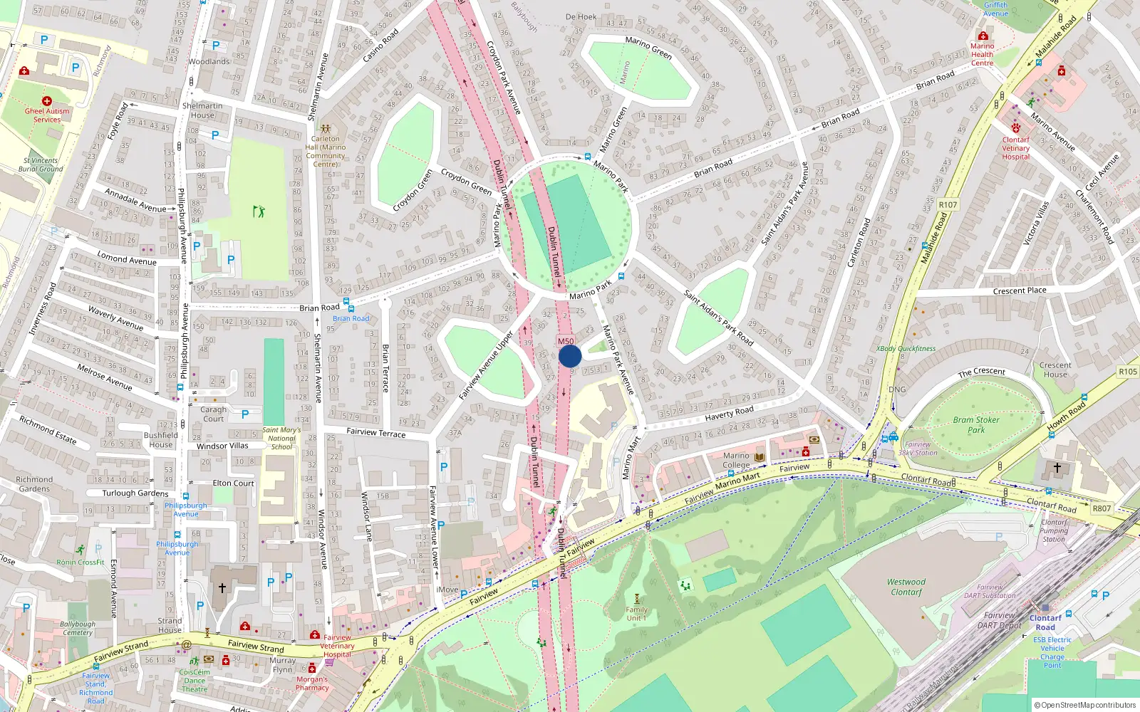 Overhead map showing the location of 13 Marino Park Avenue, Dublin 3