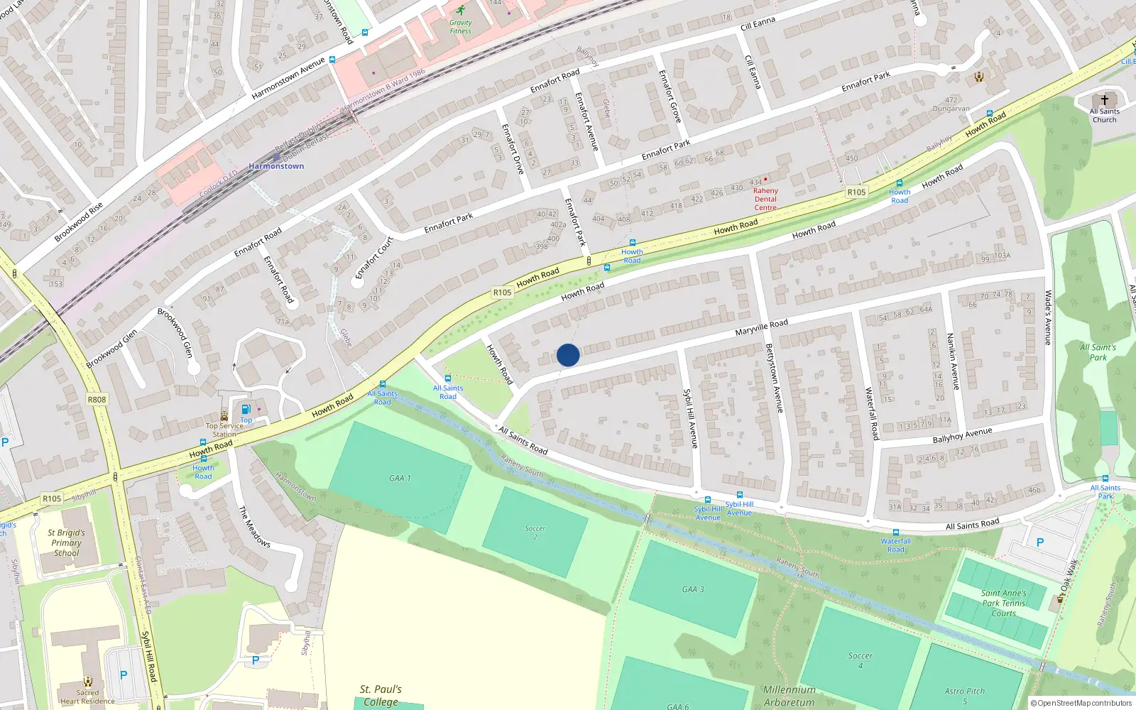 Overhead map showing the location of 13 Maryville Road, Raheny, Dublin 5
