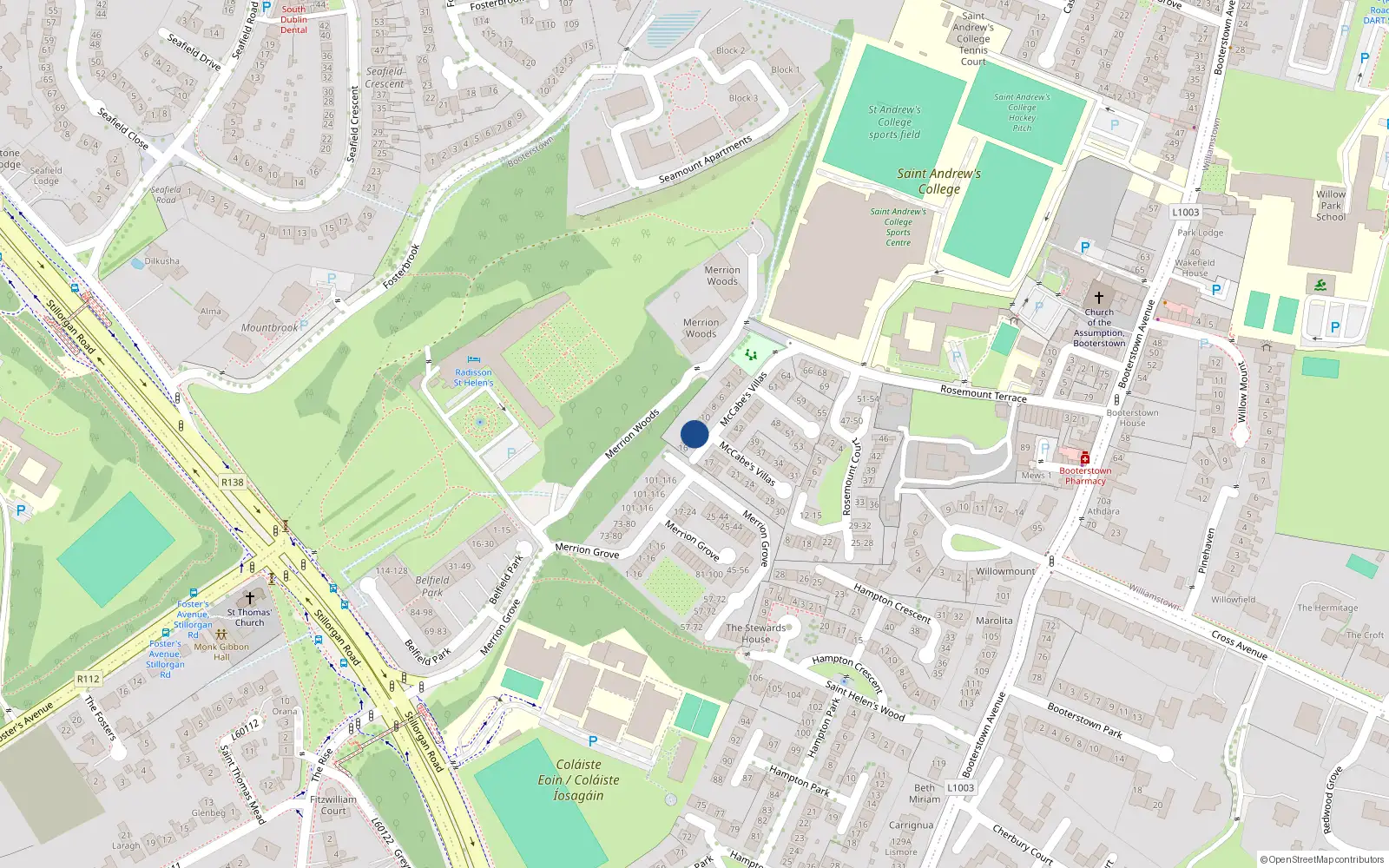 Overhead map showing the location of 13 McCabe's Villas, Booterstown