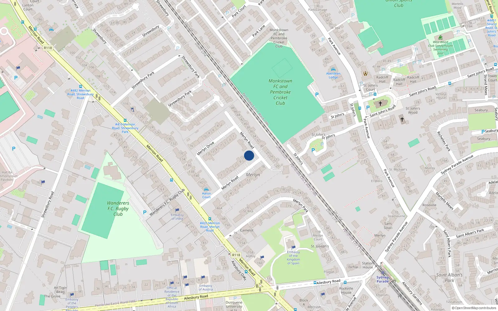 Overhead map showing the location of 13 Merlyn Road, Ballsbridge