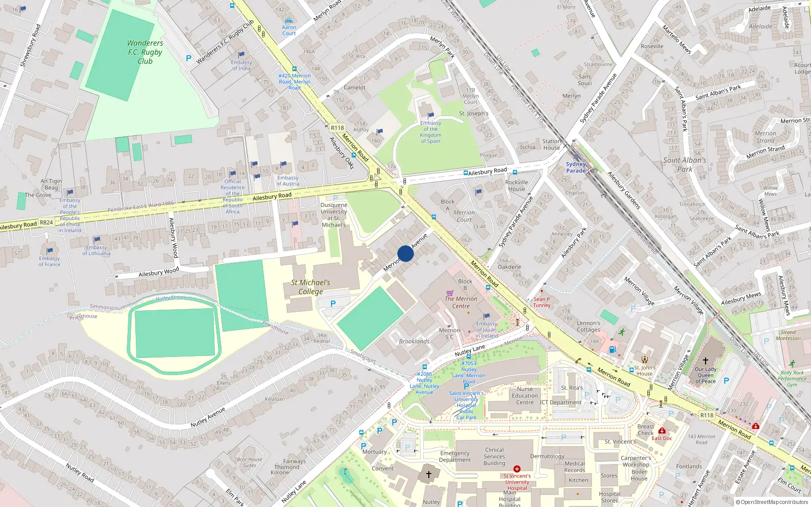 Overhead map showing the location of 13 Merrion View Avenue, Merrion