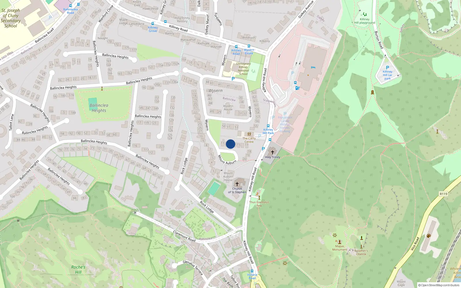 Overhead map showing the location of 13 Mount Auburn, Dalkey