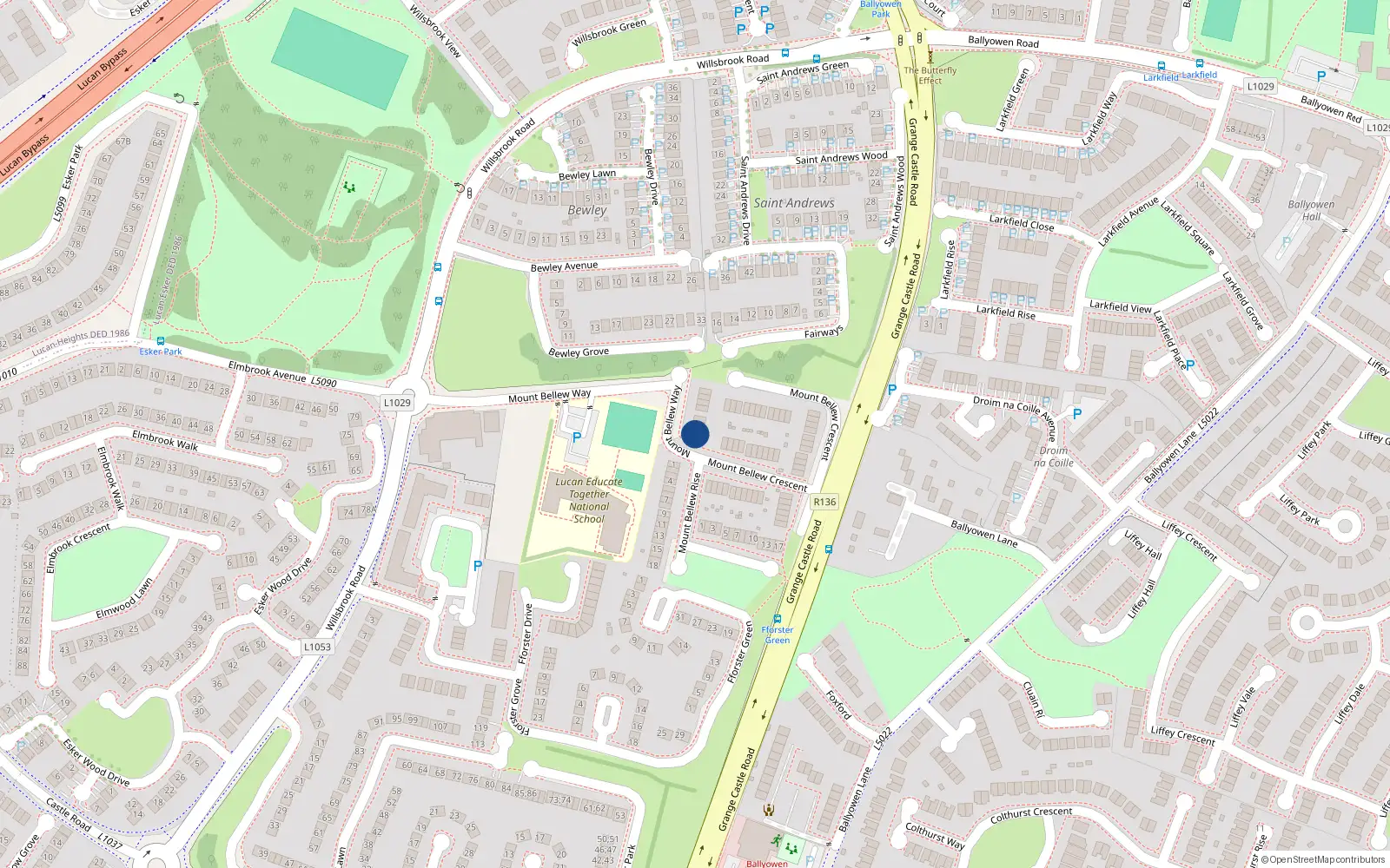 Overhead map showing the location of 13 Mount Bellew Way, Lucan