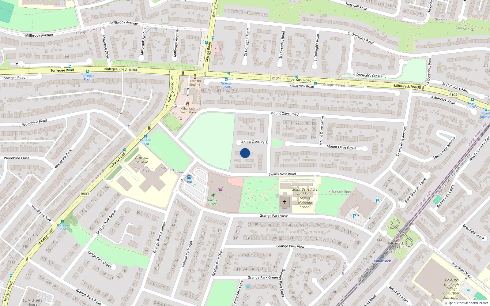 Overhead map showing the location of 13 Mount Olive Park Kilbarrack, Dublin 5, Dublin