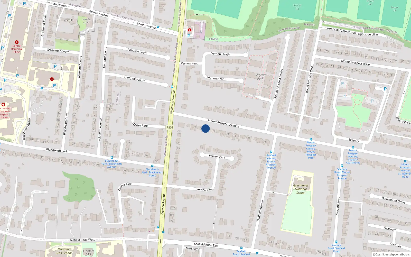 Overhead map showing the location of 13 Mount Prospect Avenue, Clontarf, Dublin 3