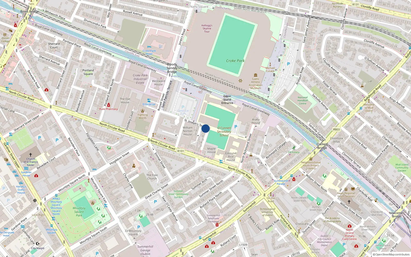 Overhead map showing the location of 13 Mountjoy Parade, North Circular Road, Dublin 1