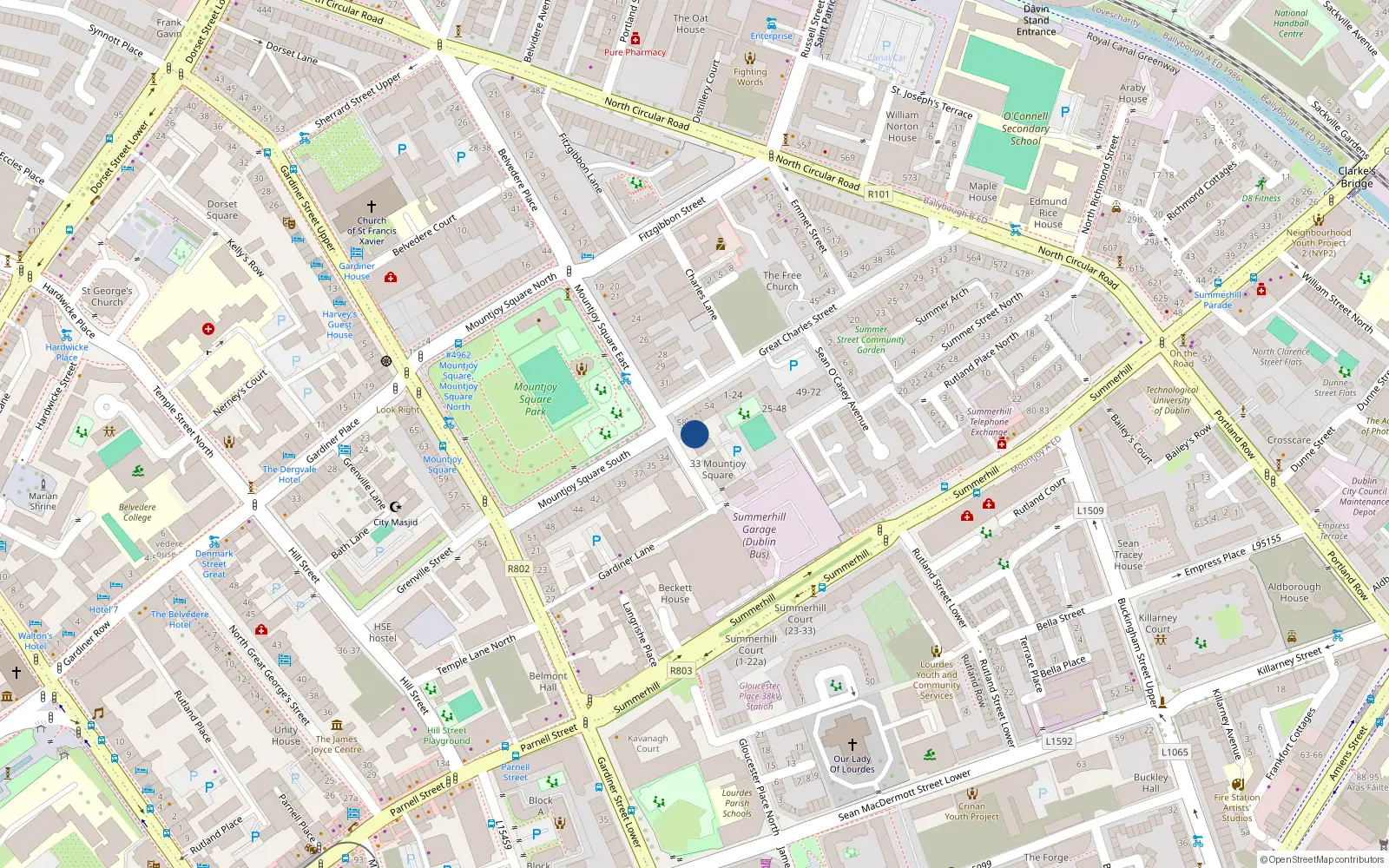 Overhead map showing the location of 13 Mountjoy Square, Dublin 1