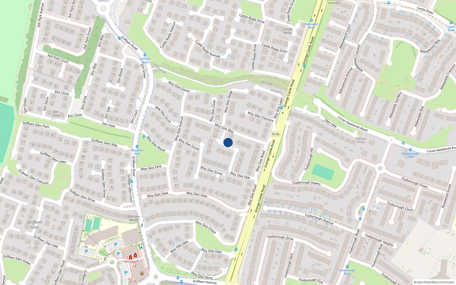 Overhead map showing the location of 13 Moy Glas Court, Griffeen Valley, Lucan