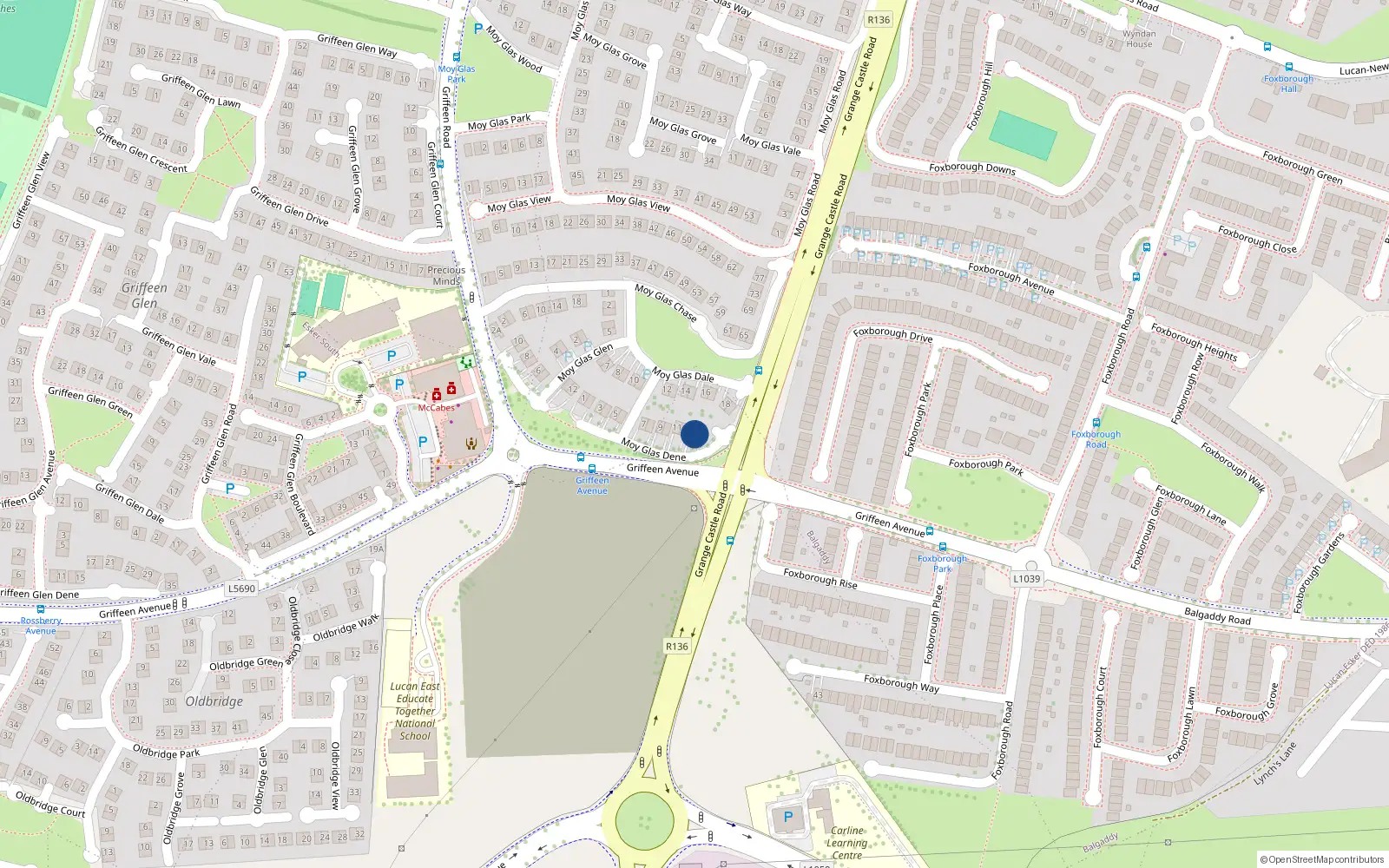 Overhead map showing the location of 13 Moy Glas Dene, Lucan, Dublin