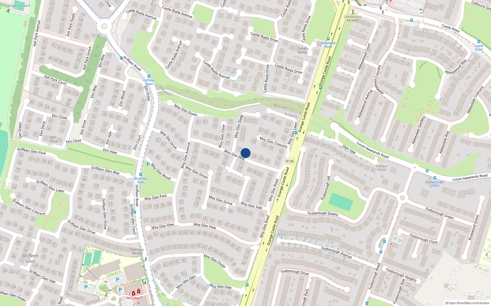 Overhead map showing the location of 13 Moy Glas Way, Lucan