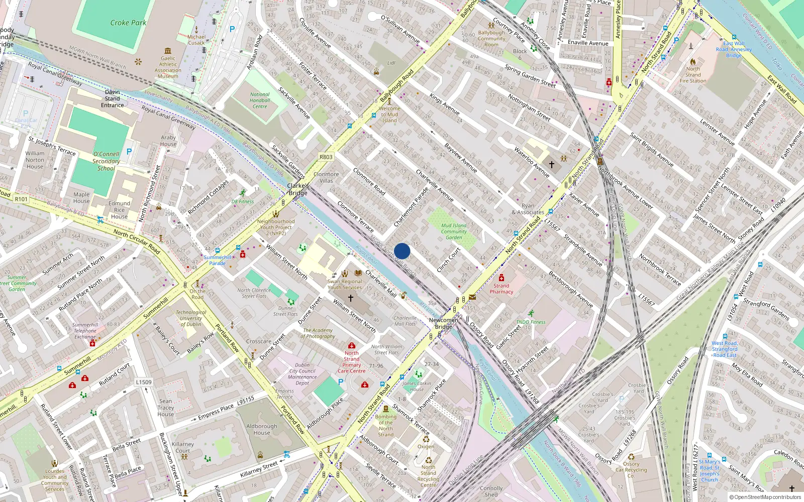 Overhead map showing the location of 13 Newcommen Avenue, North Strand, Dublin 3