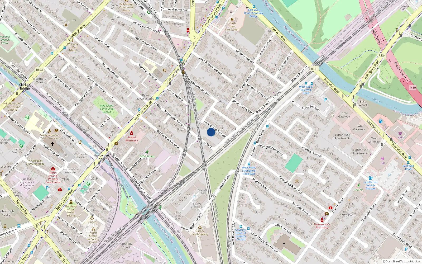 Overhead map showing the location of 13 Northbrook Terrace, North Strand Dublin 3, Dublin