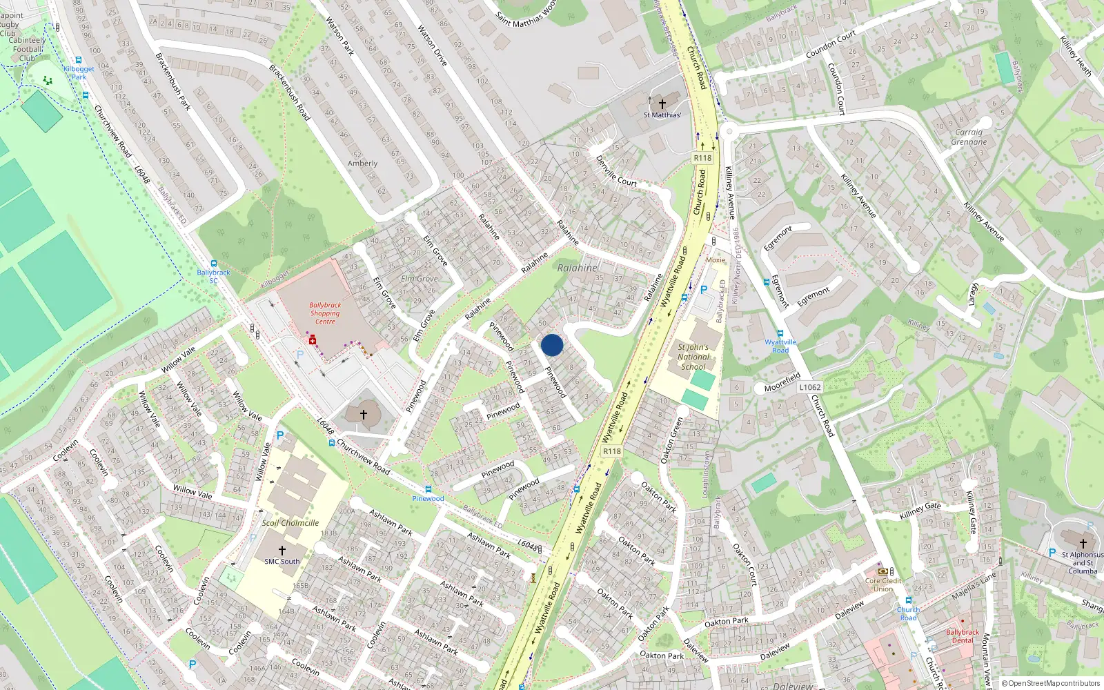 Overhead map showing the location of 13 Oakton Drive, Ballybrack