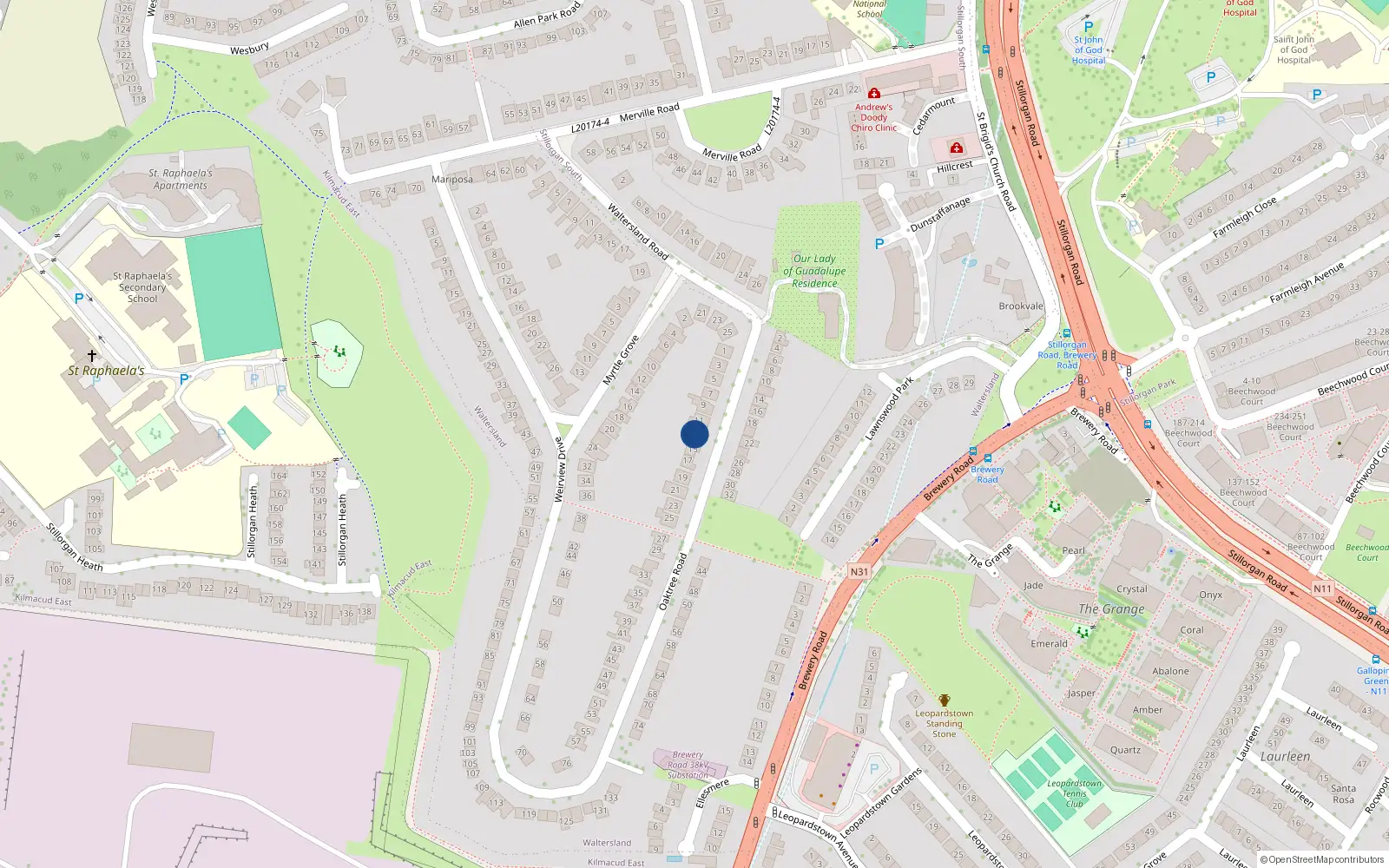 Overhead map showing the location of 13 Oaktree Road, Dublin