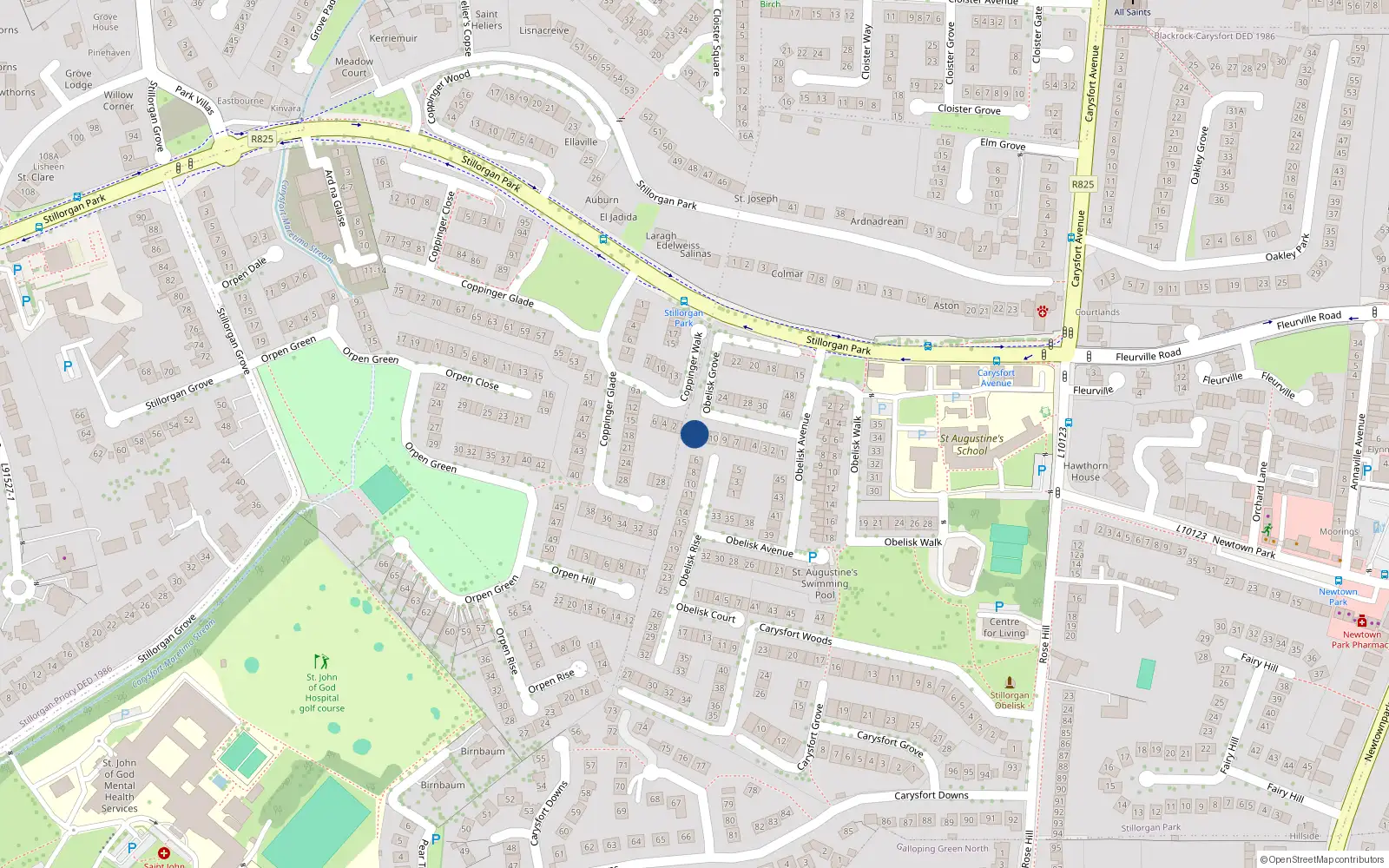 Overhead map showing the location of 13 Obelisk Grove, Blackrock