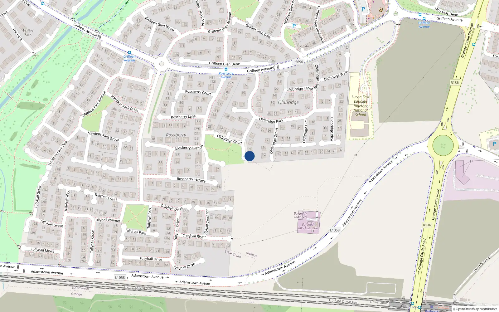 Overhead map showing the location of 13 Oldbridge Court, Lucan