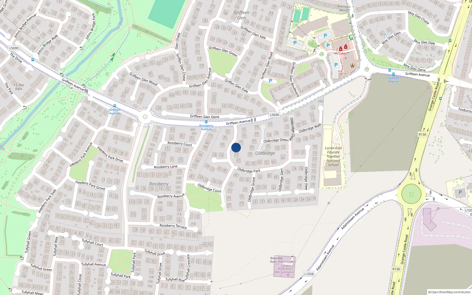 Overhead map showing the location of 13 Oldbridge Park, Lucan, Dublin
