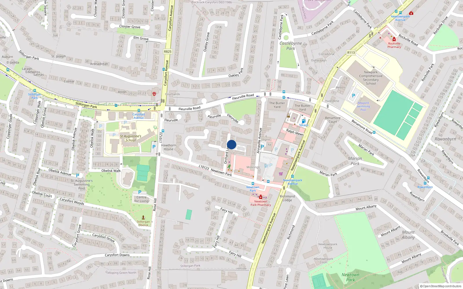 Overhead map showing the location of 13 Orchard Lane, Blackrock