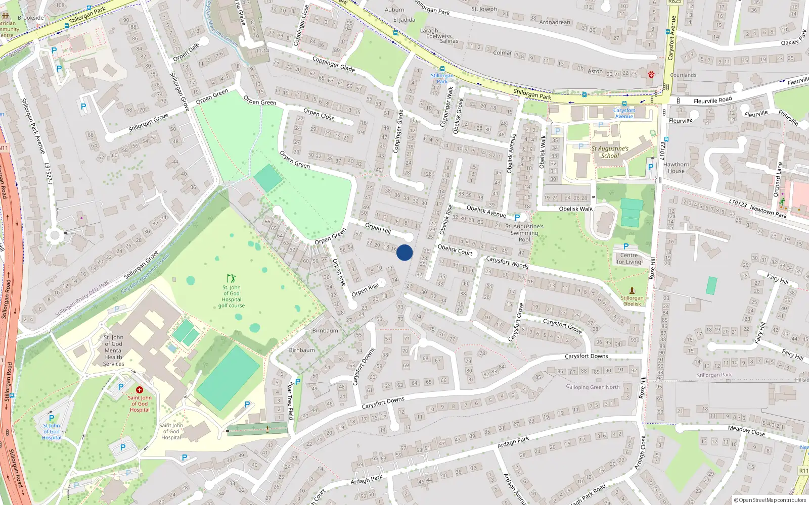Overhead map showing the location of 13 Orpen Hill, Stillorgan Grove, Blackrock
