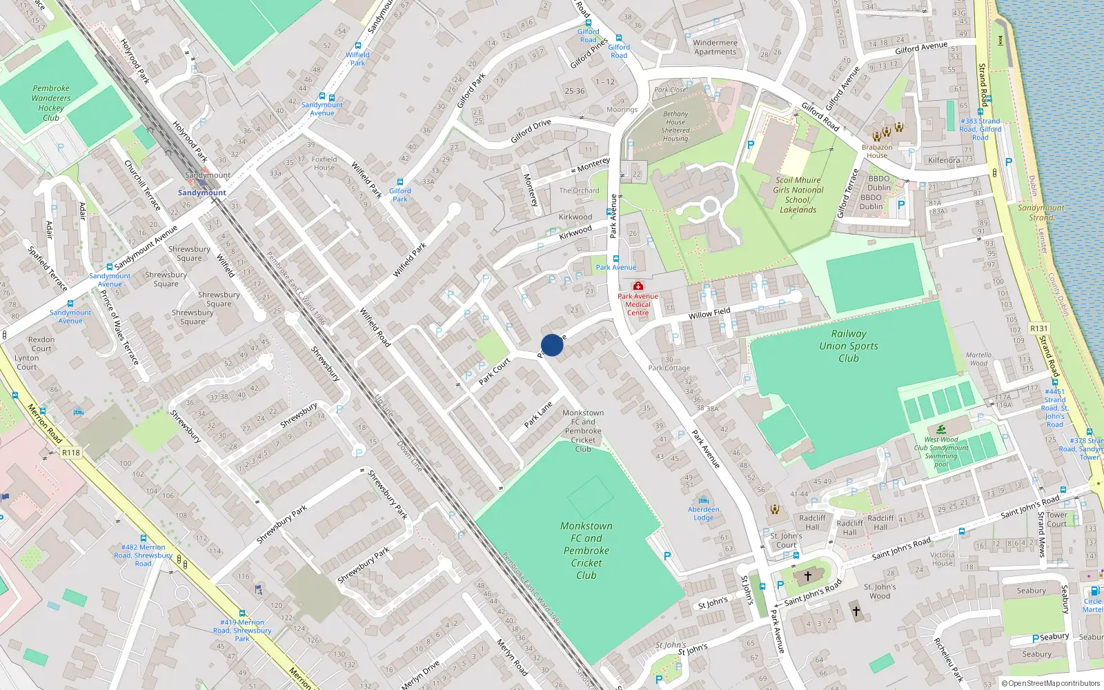 Overhead map showing the location of 13 Park Lane, Sandymount