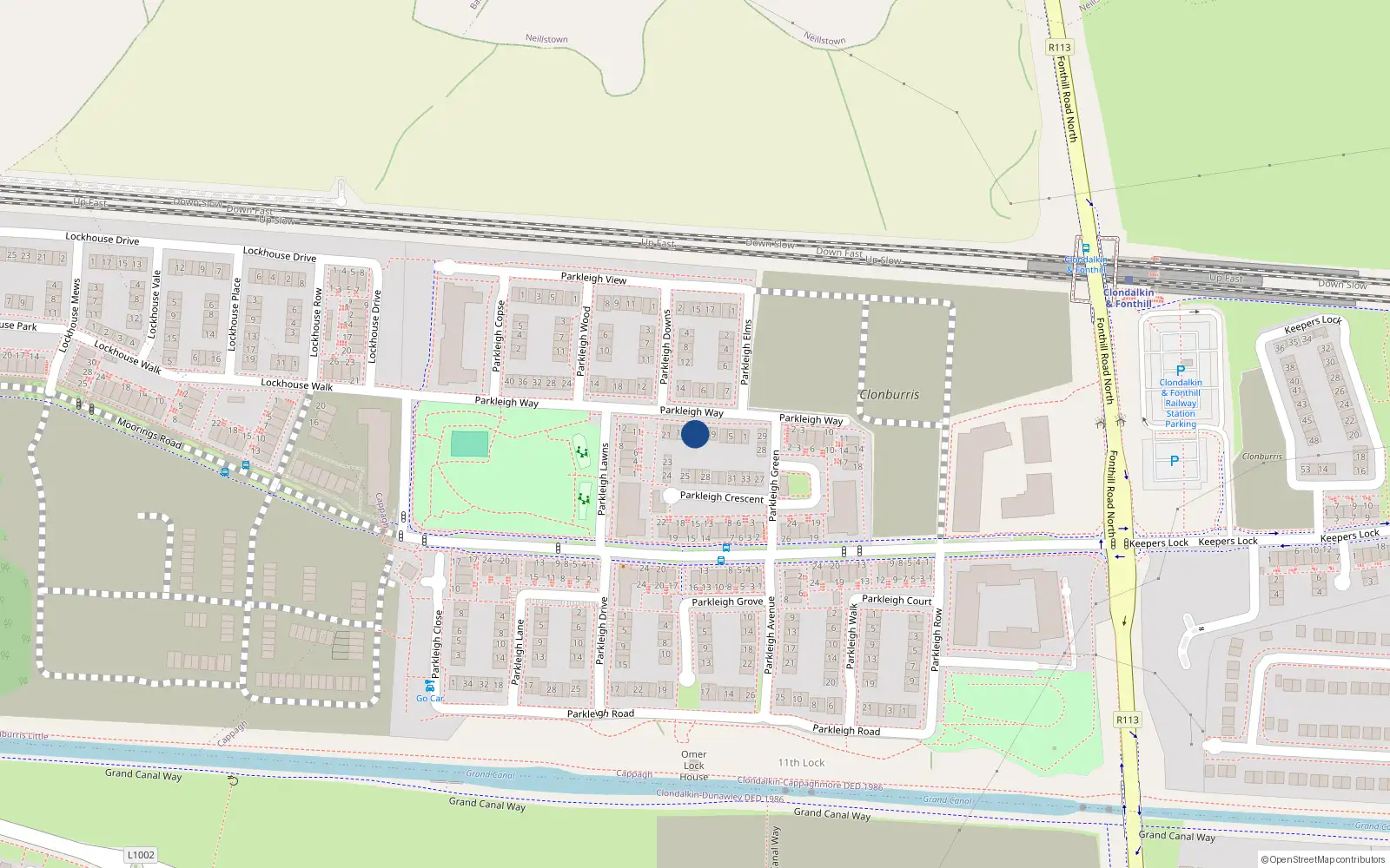 Overhead map showing the location of 13 Parkleigh Way, Dublin 22