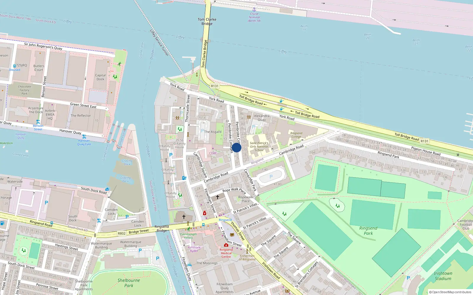 Overhead map showing the location of 13 Pembroke Cottages, Dublin 4
