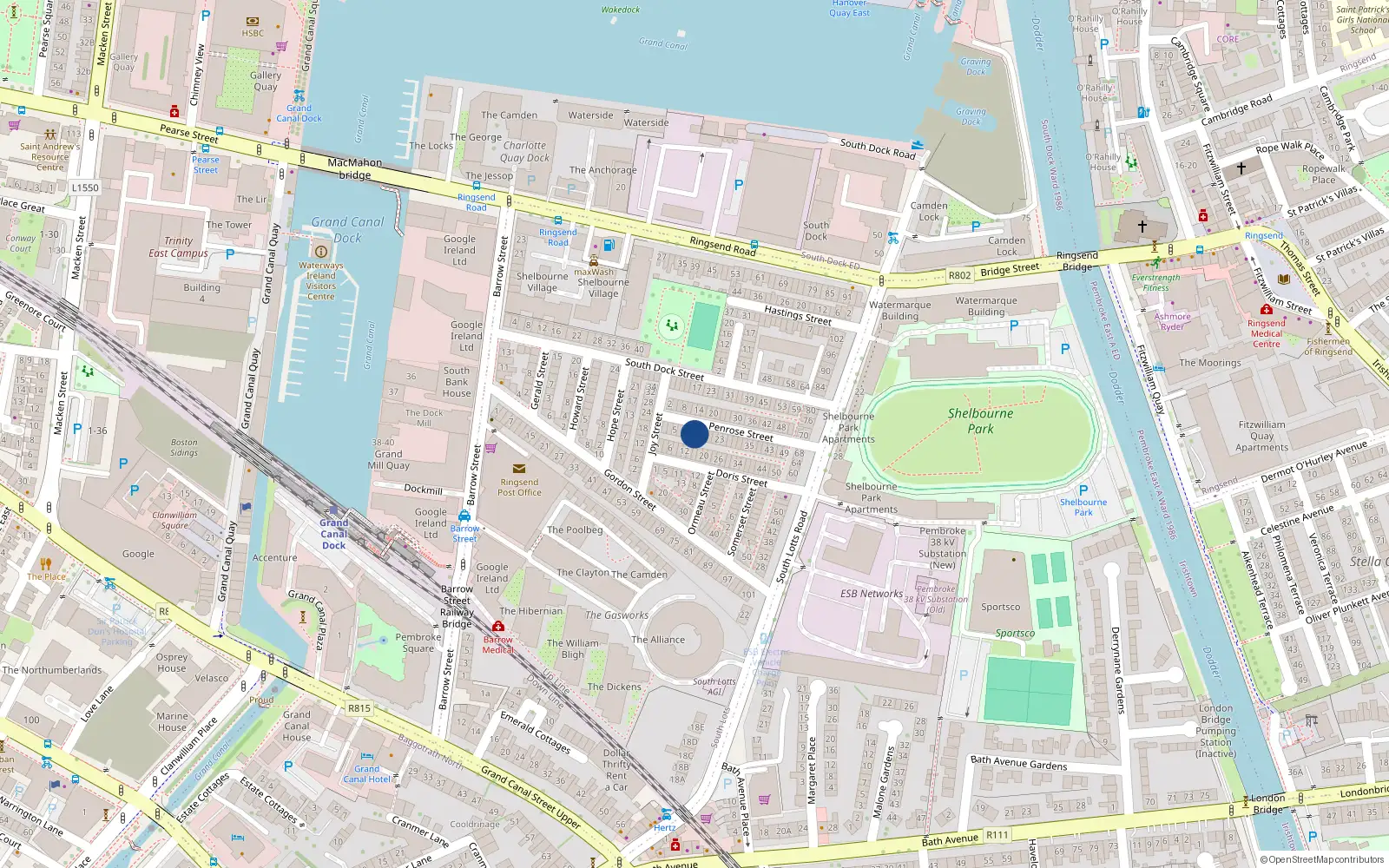 Overhead map showing the location of 13 Penrose Street, Dublin 4