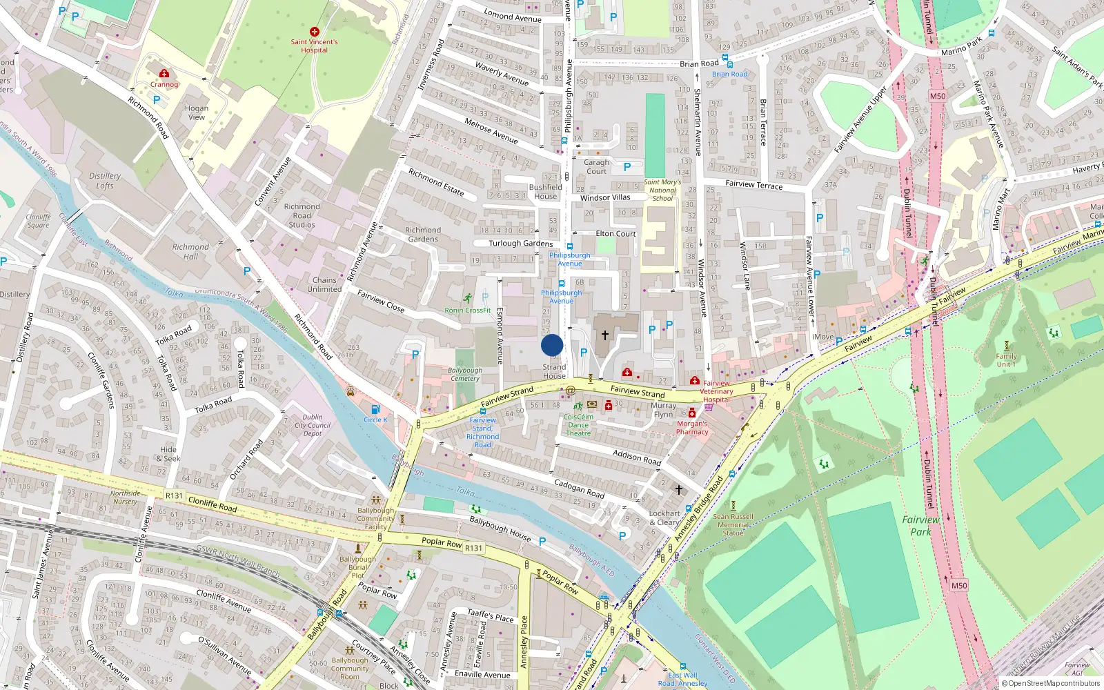 Overhead map showing the location of 13 Philipsburgh Avenue, Fairview, Dublin 3