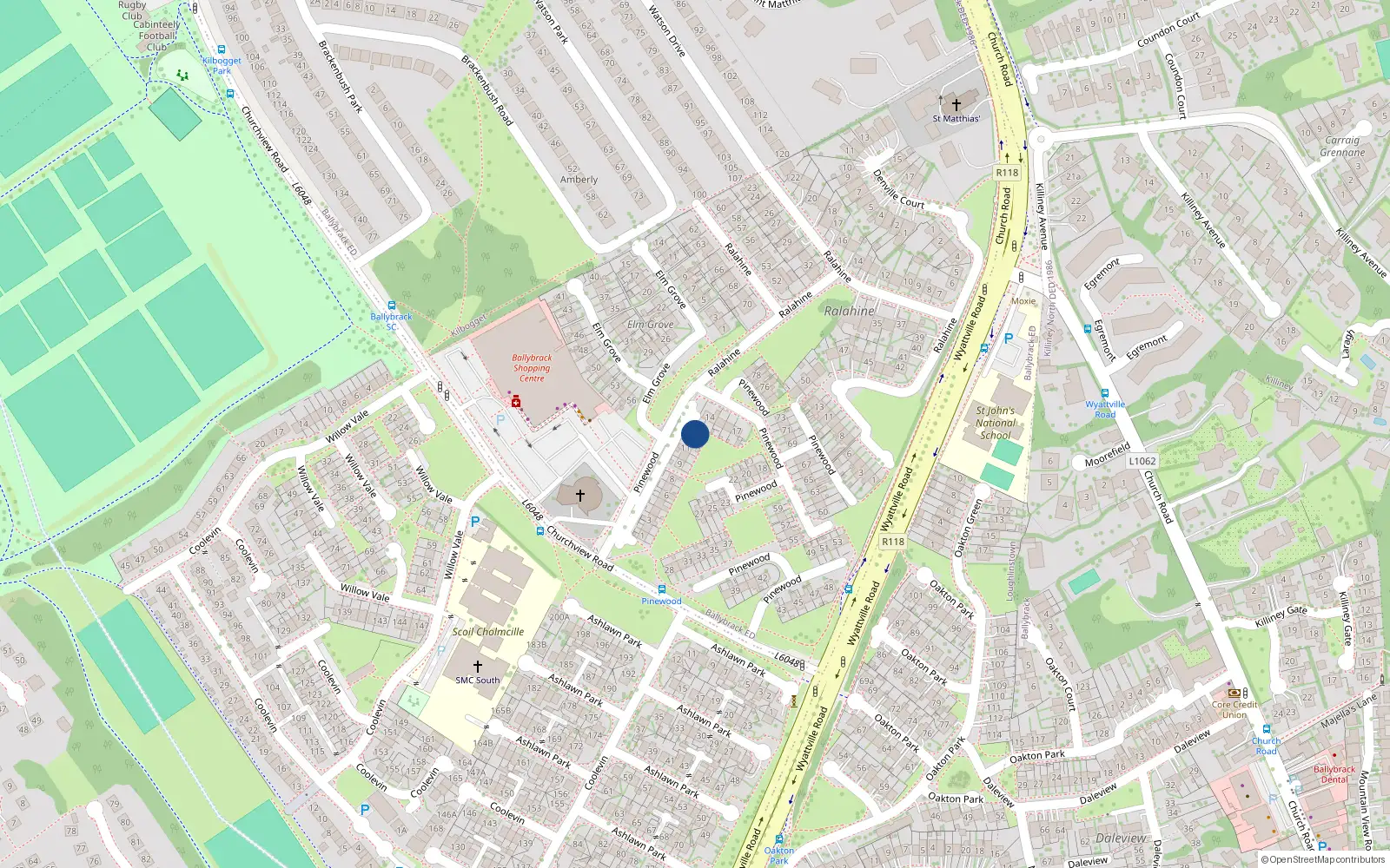 Overhead map showing the location of 13 Pinewood, Ballybrack, Killiney