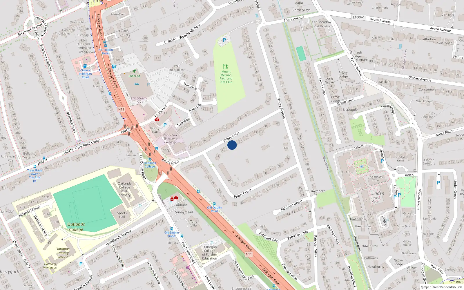 Overhead map showing the location of 13 Priory Drive, Stillorgan, Dublin