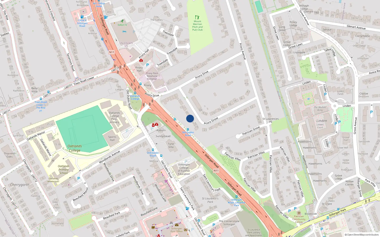 Overhead map showing the location of 13 Priory Grove, Blackrock, Dublin