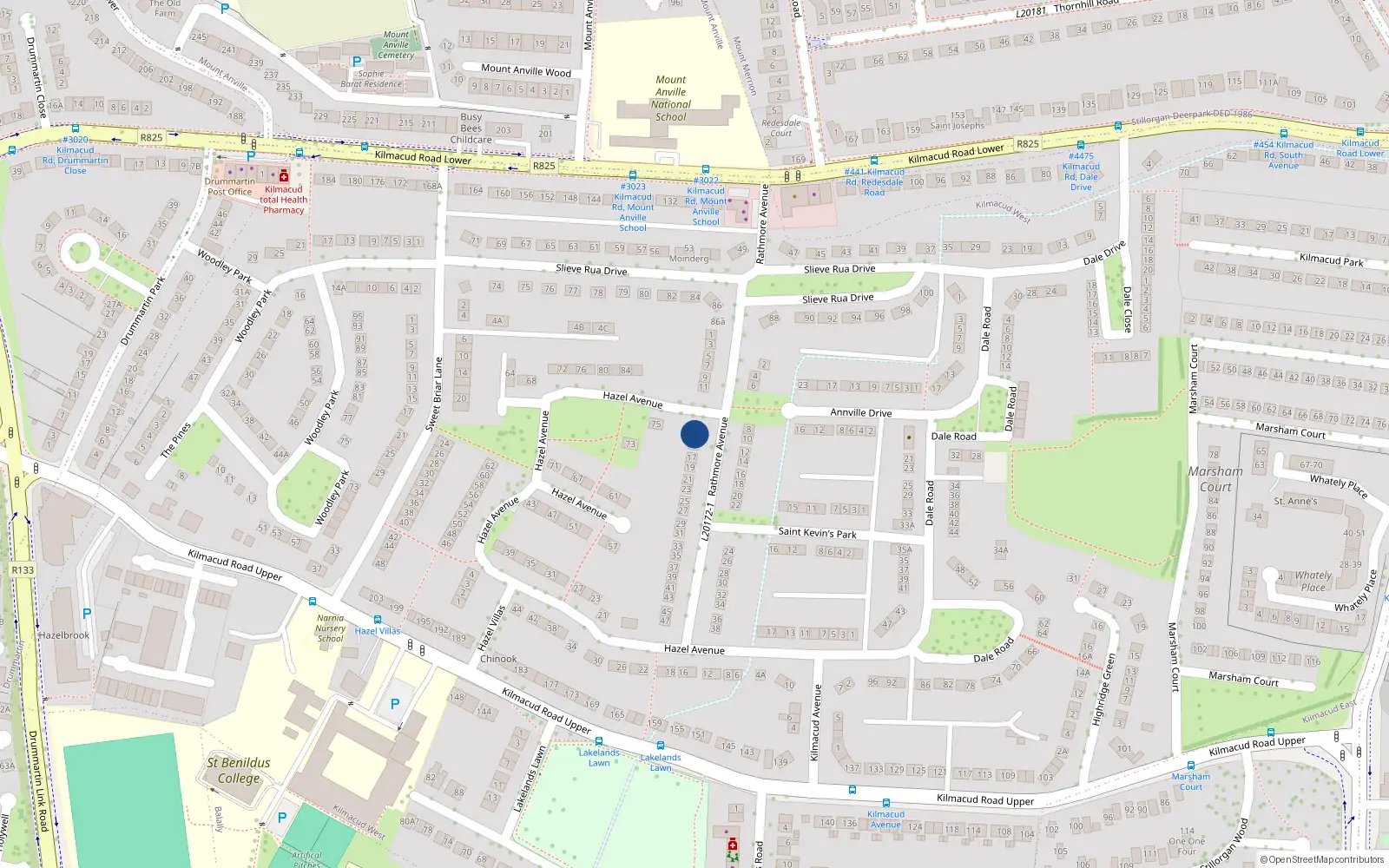 Overhead map showing the location of 13 Rathmore Avenue, Blackrock