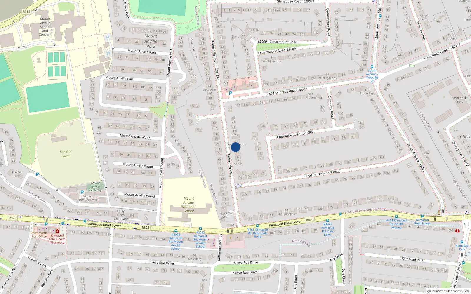 Overhead map showing the location of 13 Redesdale Road, Mount Merrion, Dublin