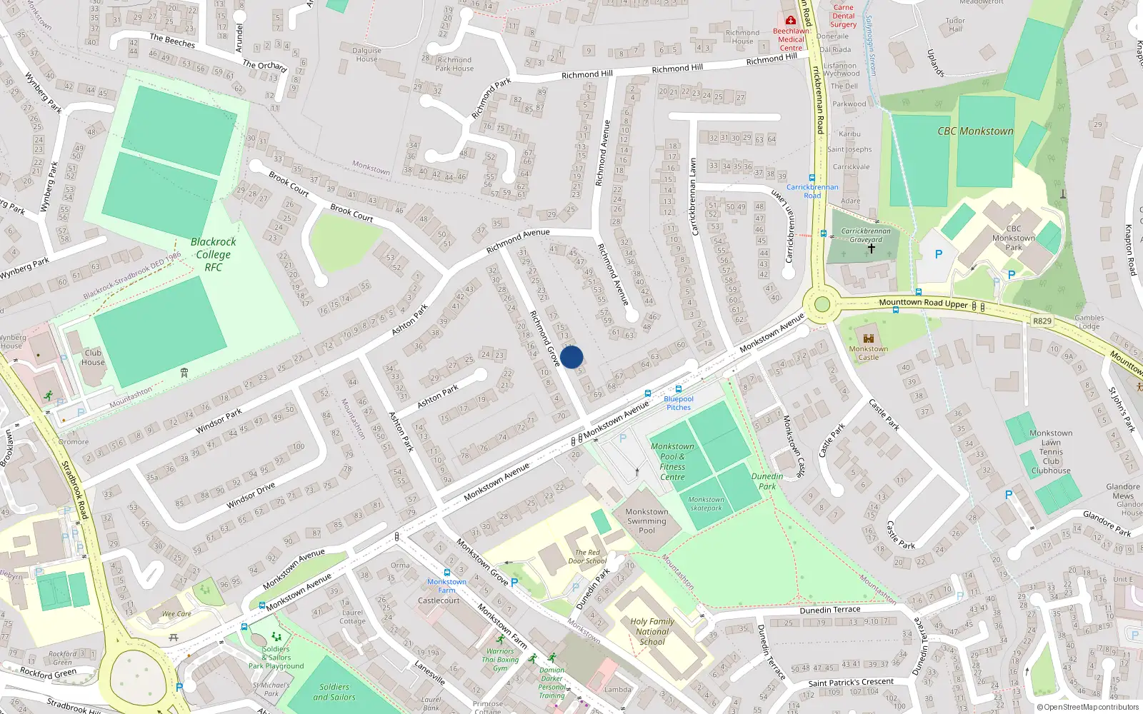 Overhead map showing the location of 13 Richmond Grove, Monkstown, Dublin