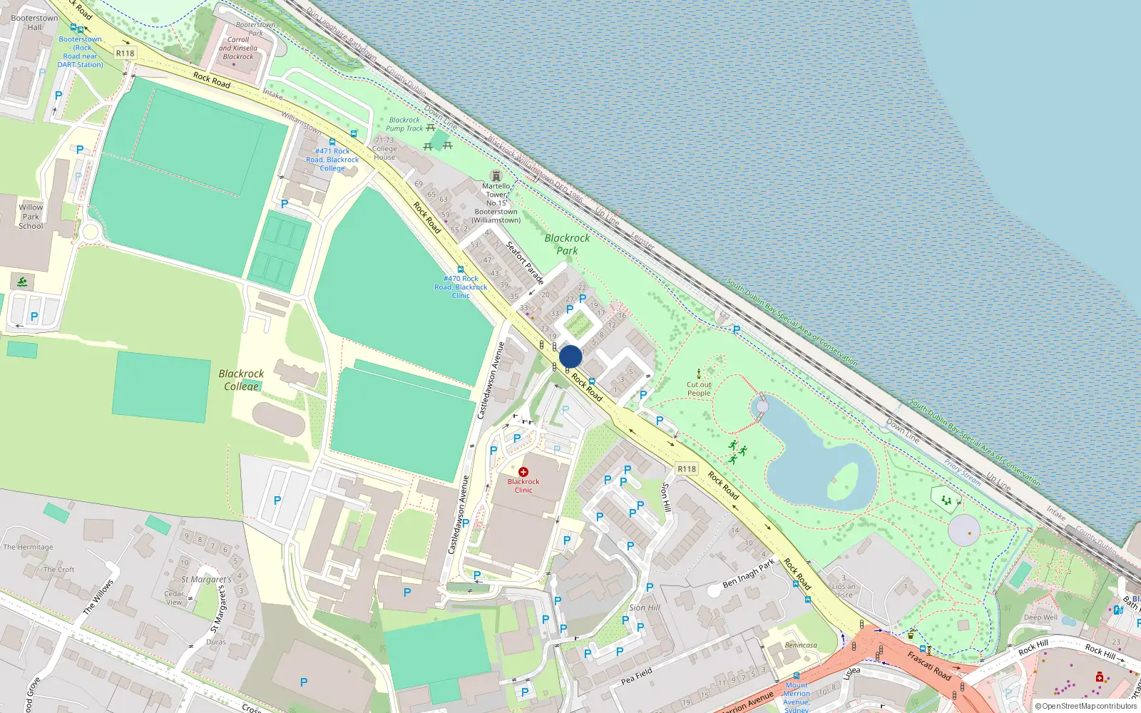 Overhead map showing the location of 13 Rock Road, Blackrock