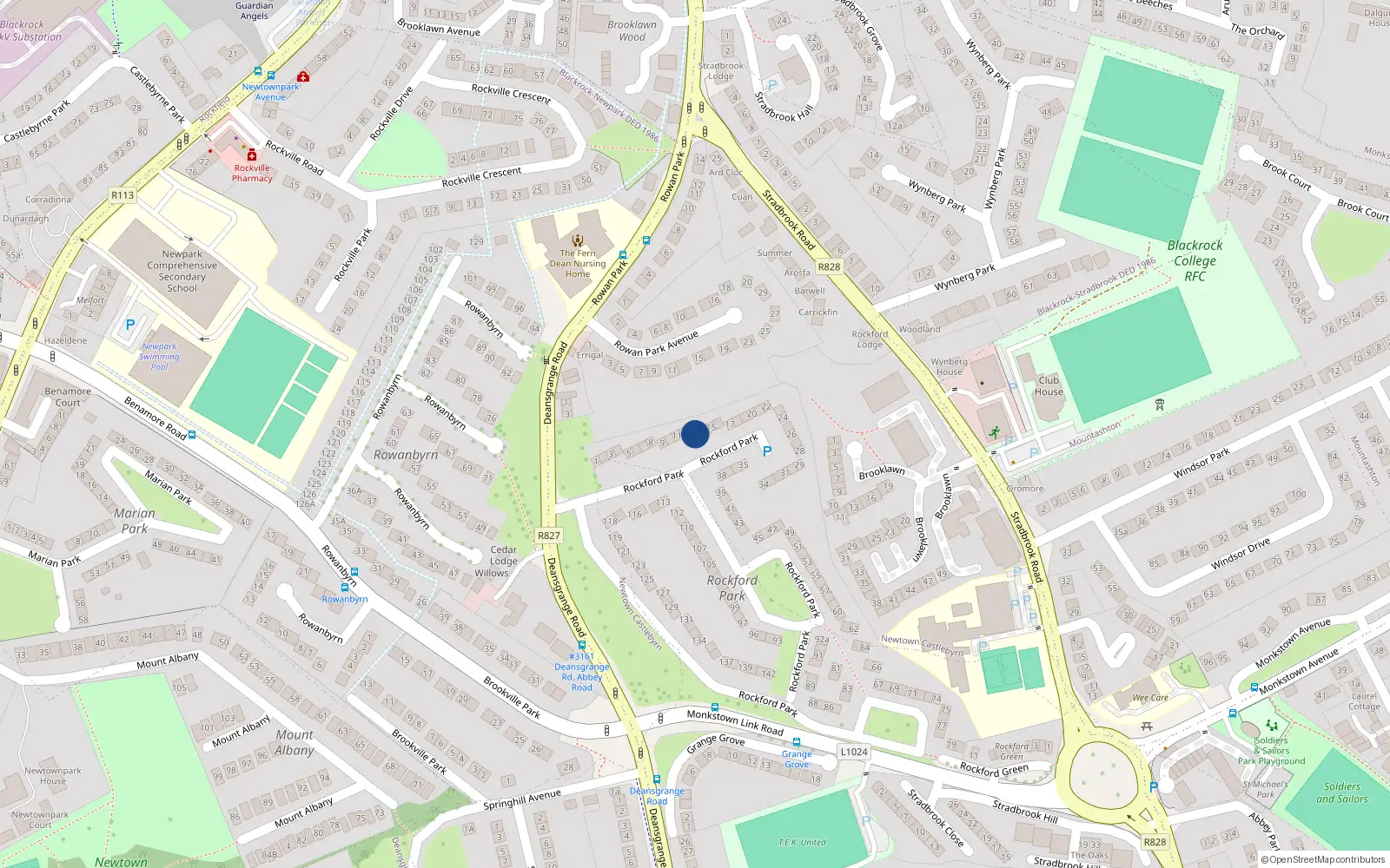 Overhead map showing the location of 13 Rockford Park, Blackrock, Co Dublin