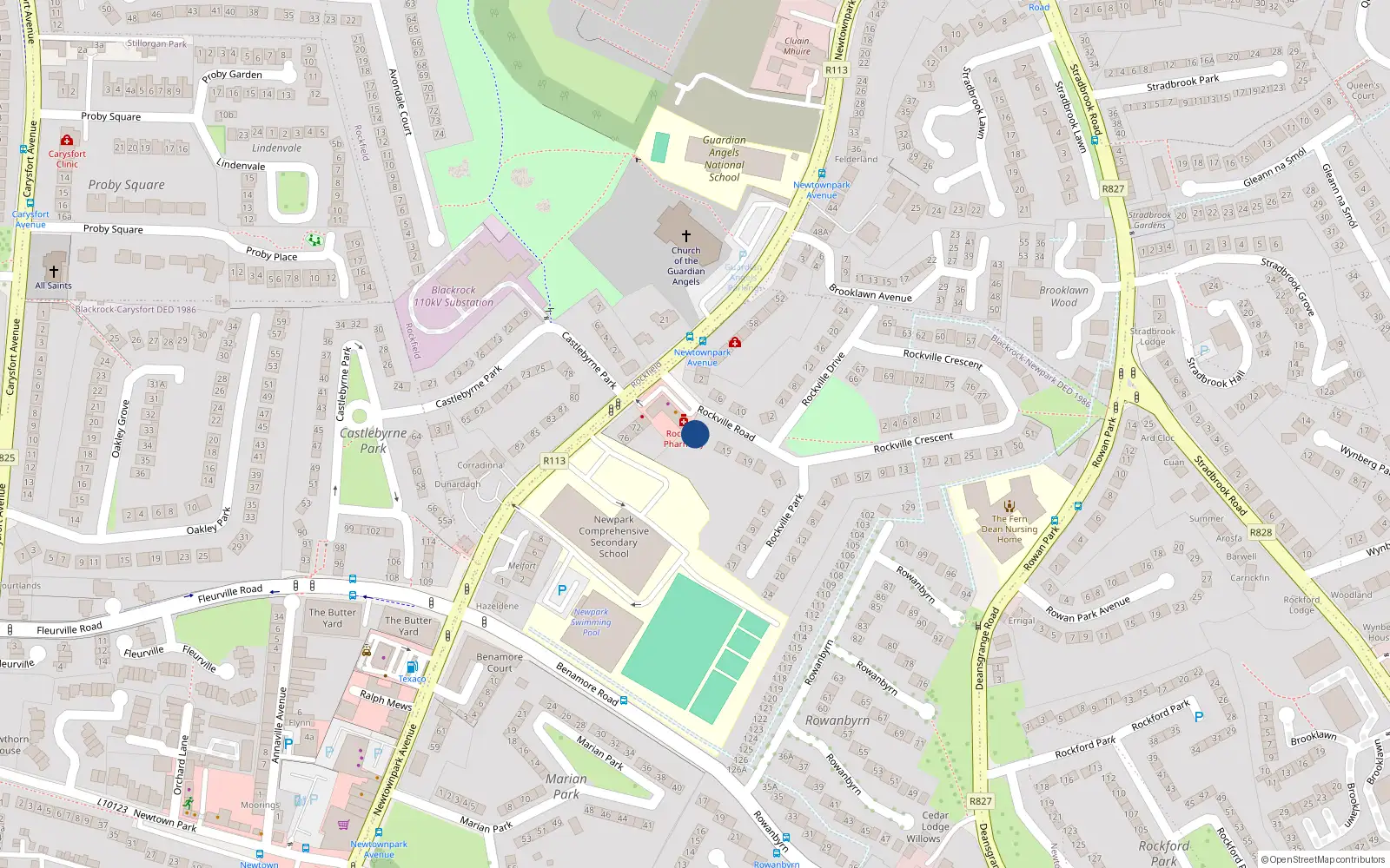 Overhead map showing the location of 13 Rockville Road, Blackrock