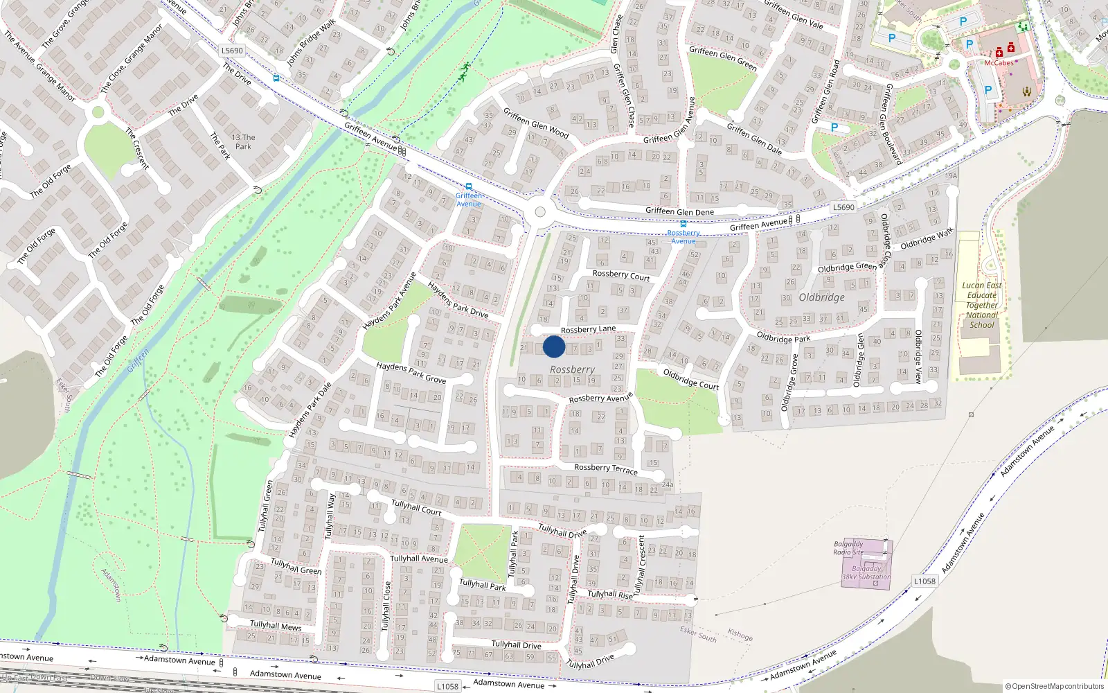 Overhead map showing the location of 13 Rossberry Lane, Lucan