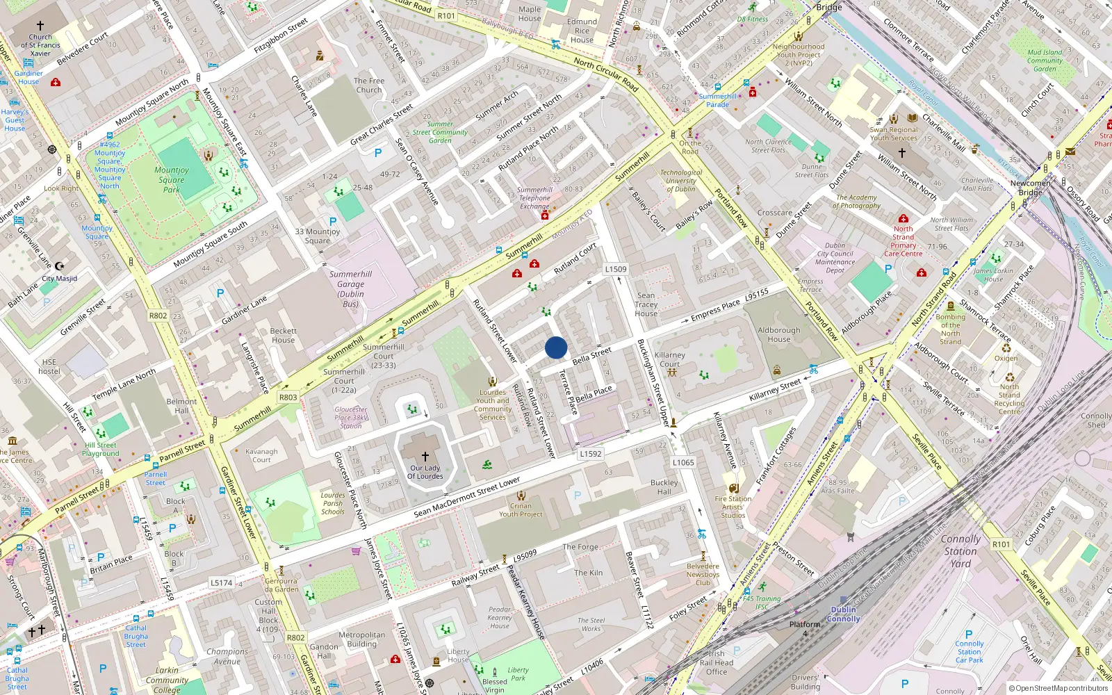 Overhead map showing the location of 13 Rutland Cottages, Dublin 1