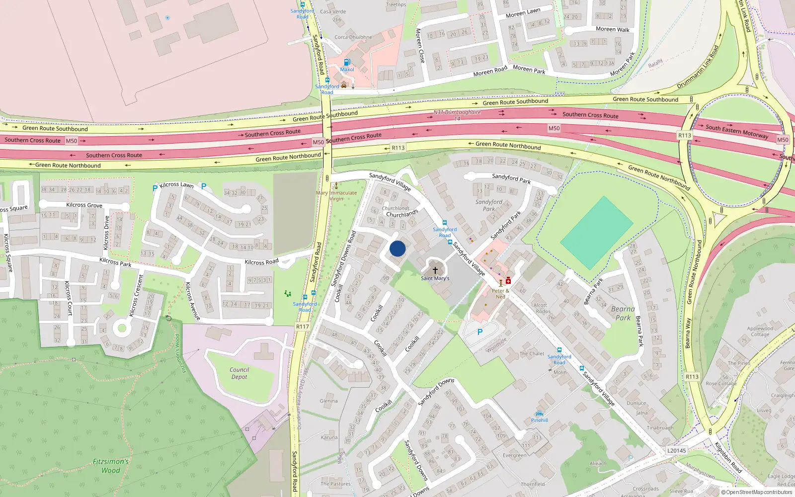 Overhead map showing the location of 13 Sandyford Green, Dublin