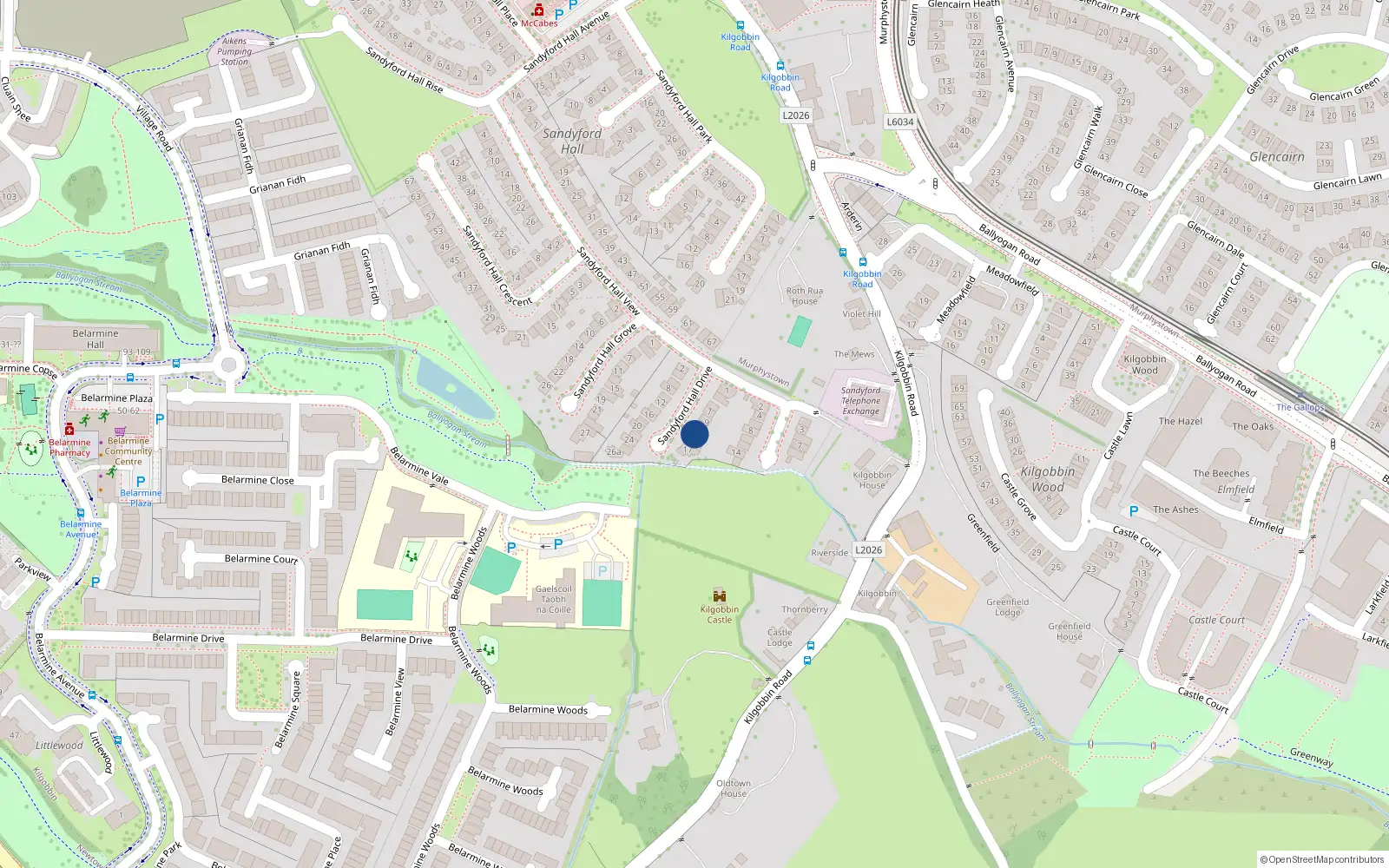 Overhead map showing the location of 13 Sandyford Hall Drive, Sandyford