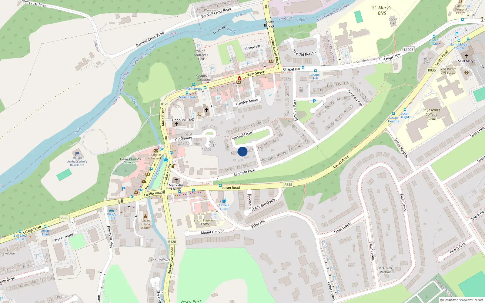 Overhead map showing the location of 13 Sarsfield Park, Lucan