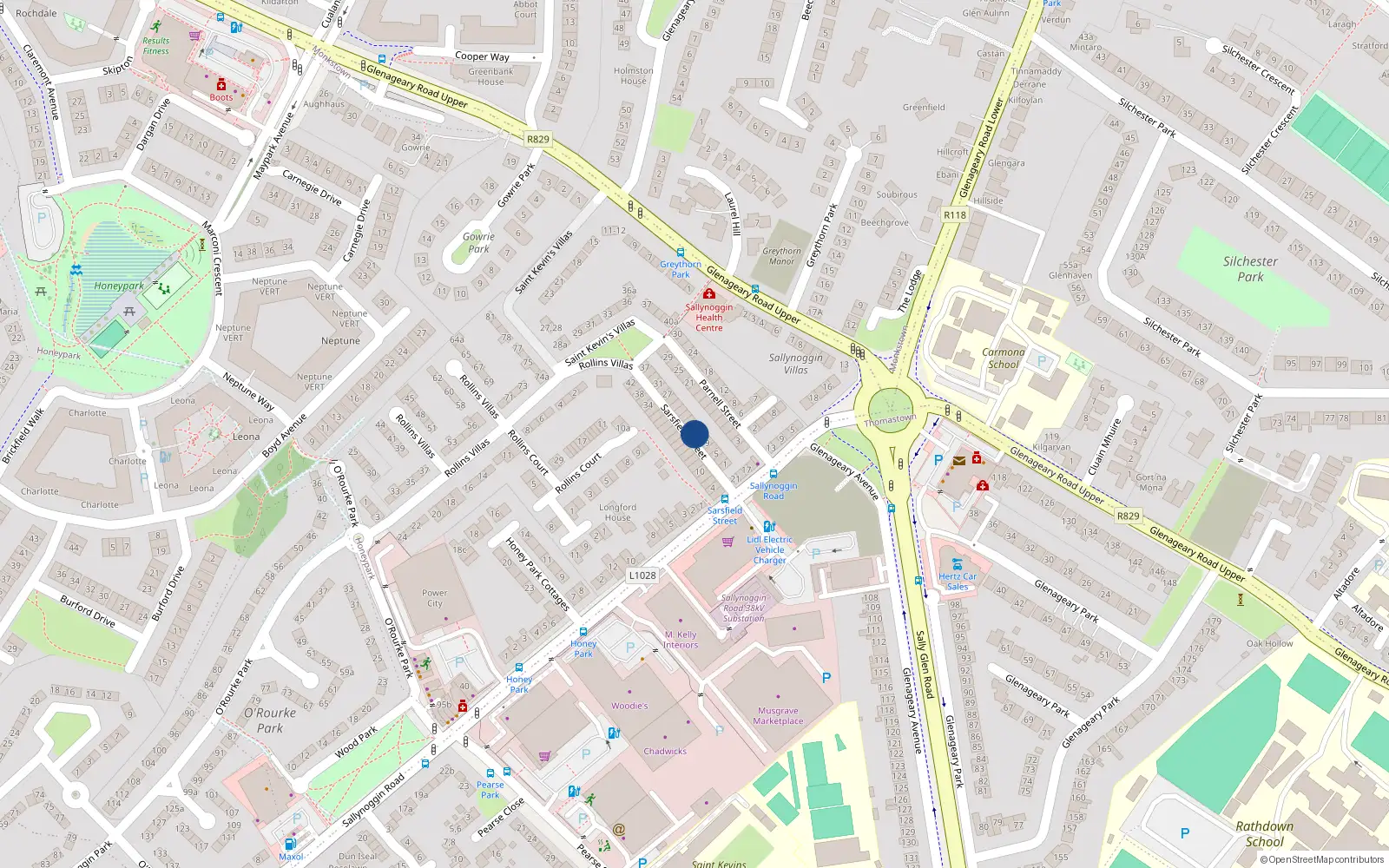 Overhead map showing the location of 13 Sarsfield Street, Sallynoggin, Co Dublin