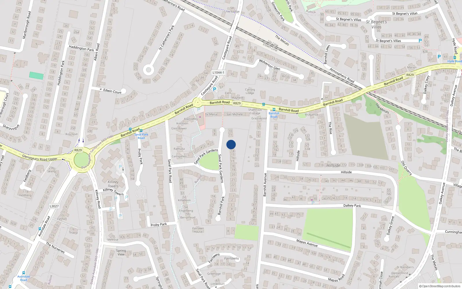 Overhead map showing the location of 13 Saval Park Gardens, Dalkey, Co Dublin