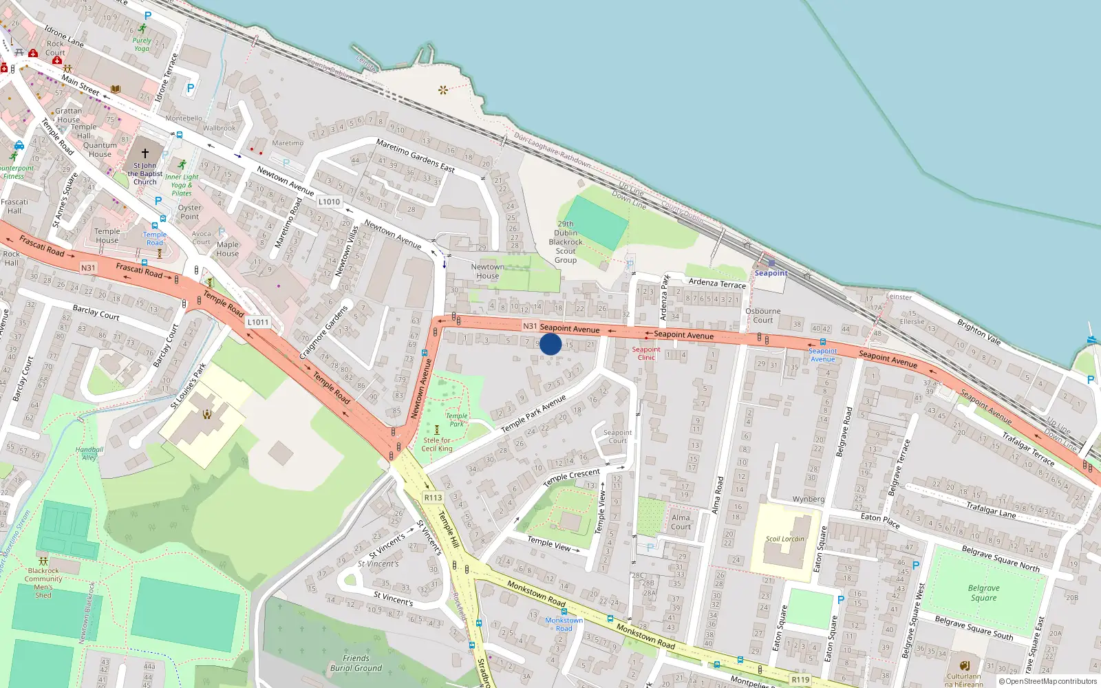 Overhead map showing the location of 13 Seapoint Avenue, Blackrock