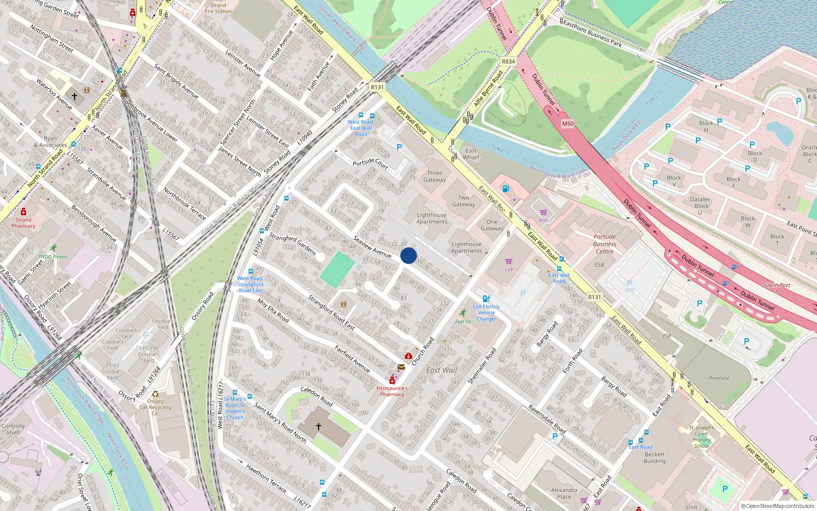 Overhead map showing the location of 13 Seaview Avenue, East Wall, Dublin 3