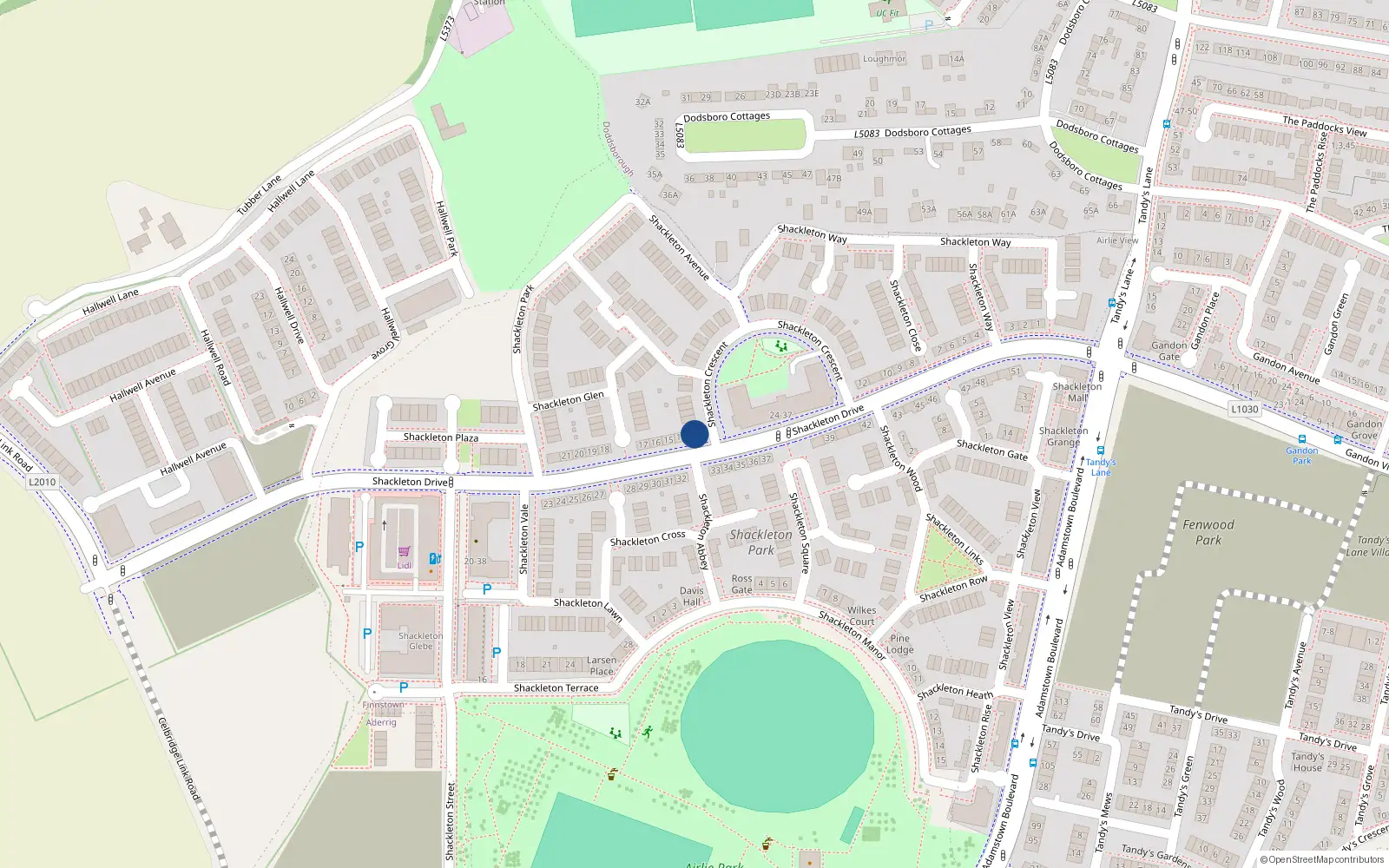 Overhead map showing the location of 13 Shackleton Drive, Lucan