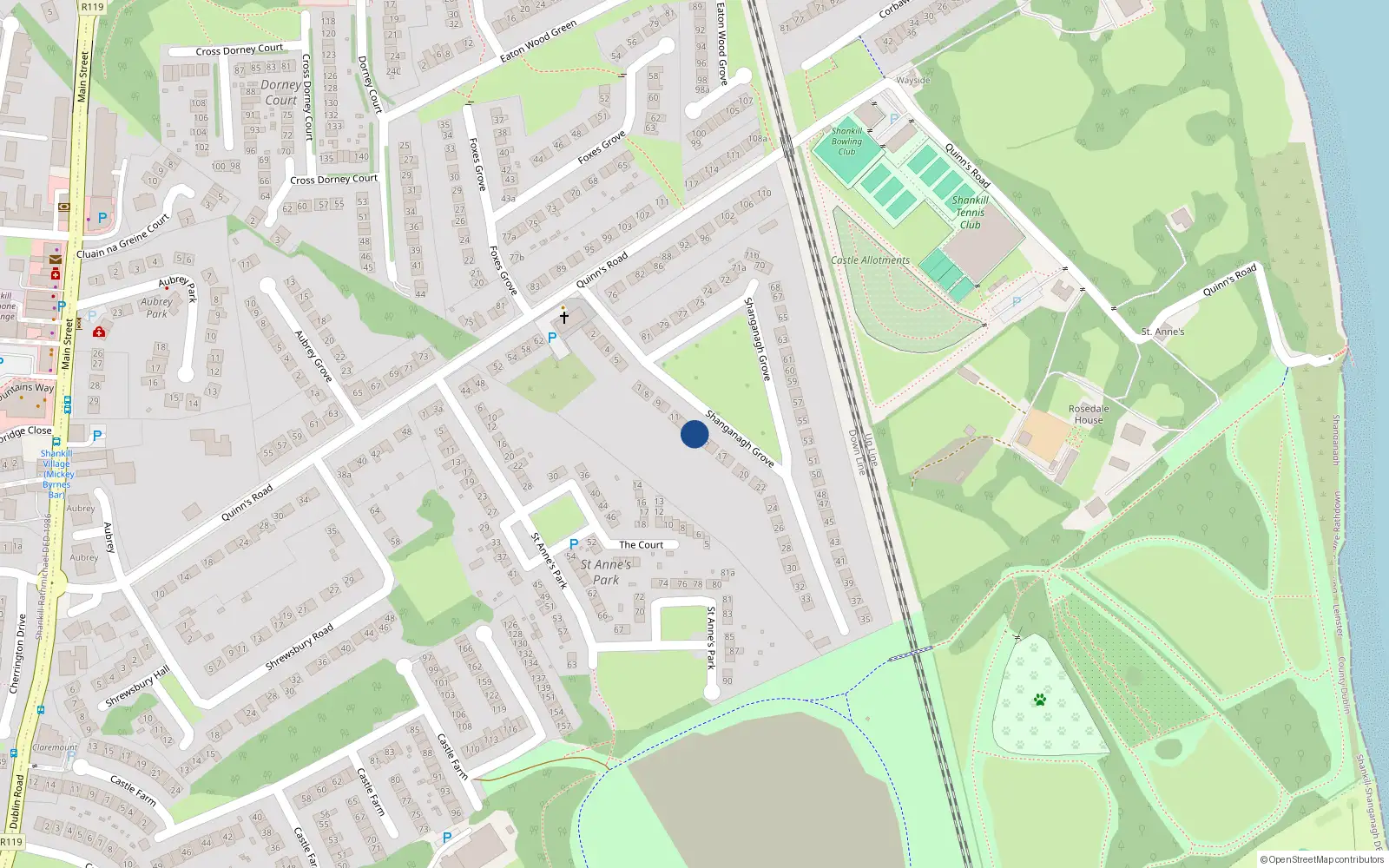 Overhead map showing the location of 13 Shanganagh Grove, Dublin