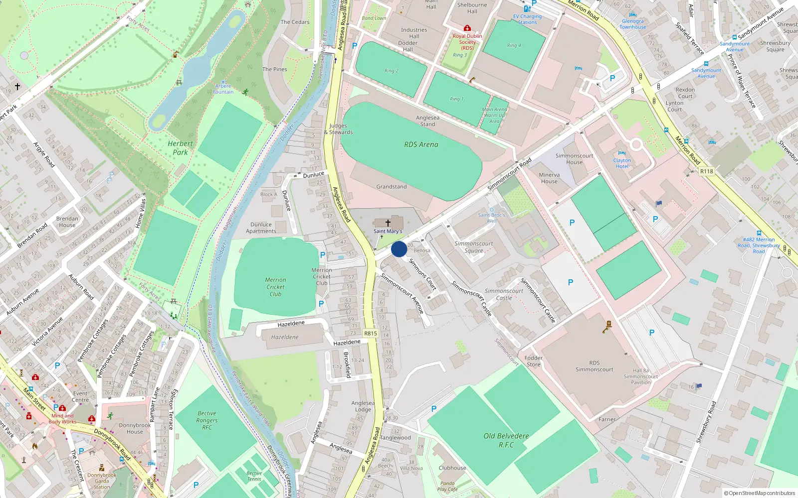 Overhead map showing the location of 13 Simmons Court, Ballsbridge