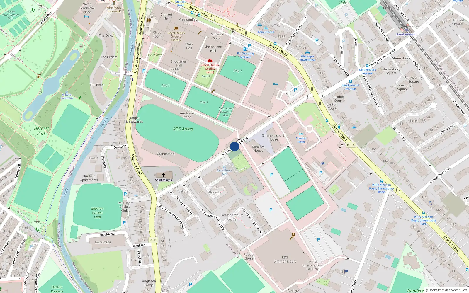 Overhead map showing the location of 13 Simmonscourt Road, Ballsbridge